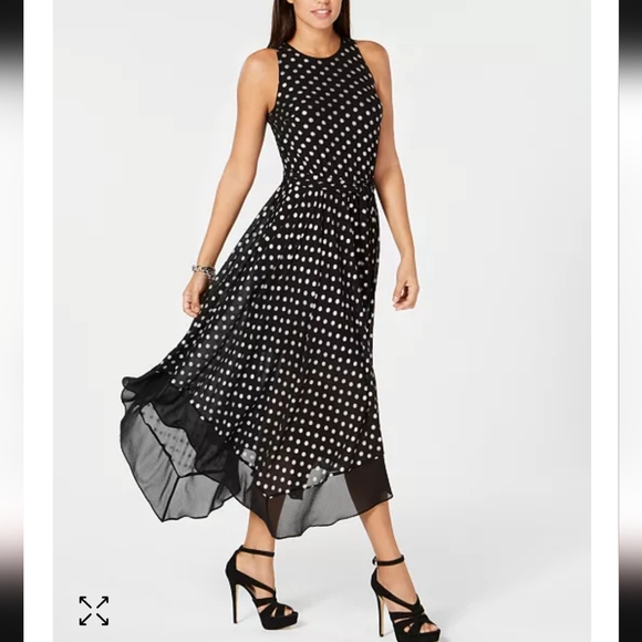 Michael Kors Sleeveless Metalic Dot Printed Fit & Flare Dress, Hankerchief Hem L - Picture 3 of 11